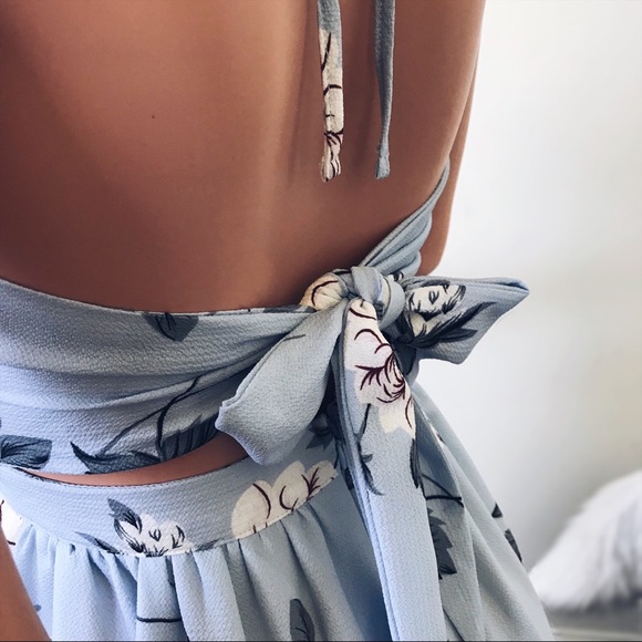 Floral Maxi Dress Slit Front Cutout Halter Blue - Picture 6 of 8